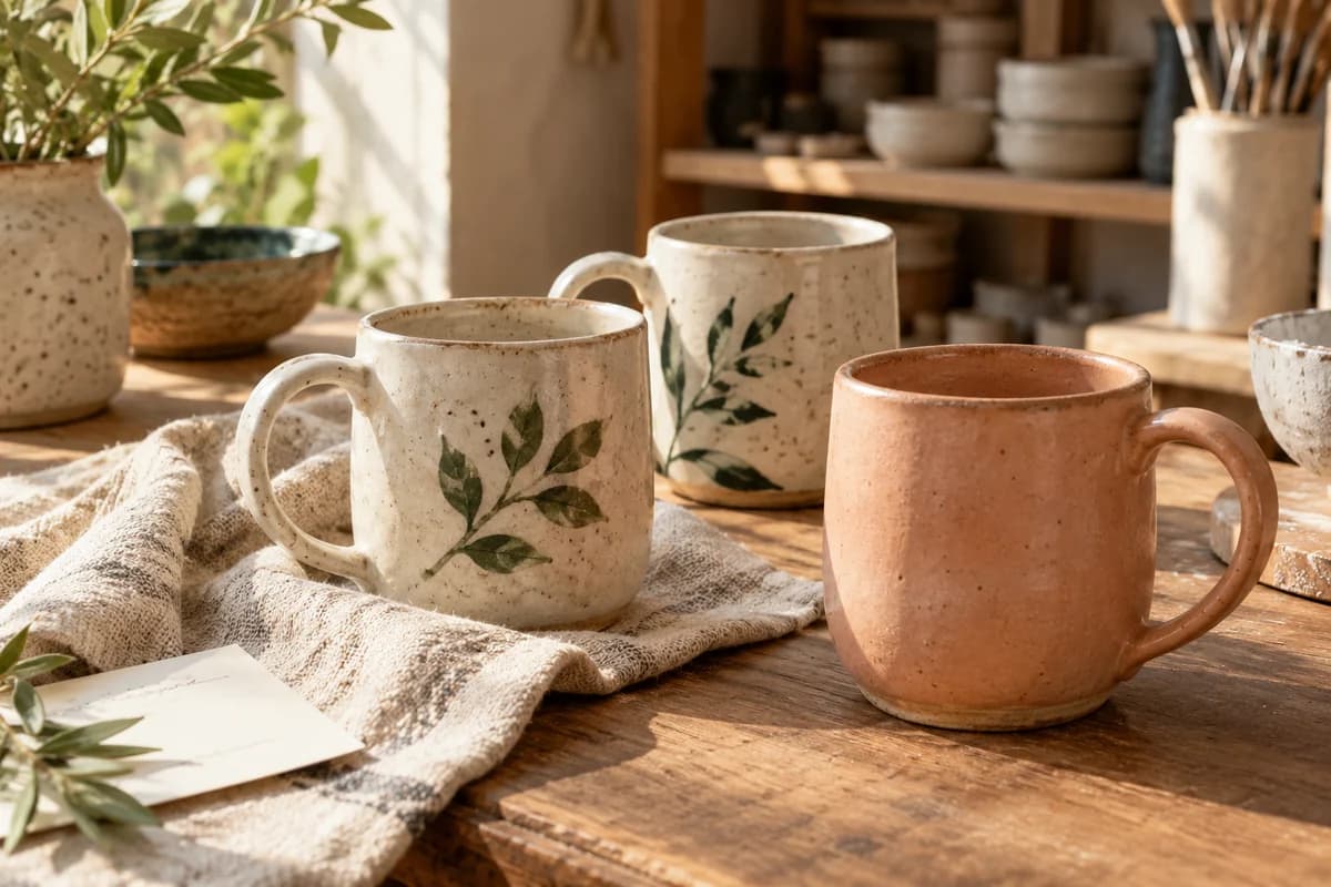 Handmade ceramics and tools in a warm working studio