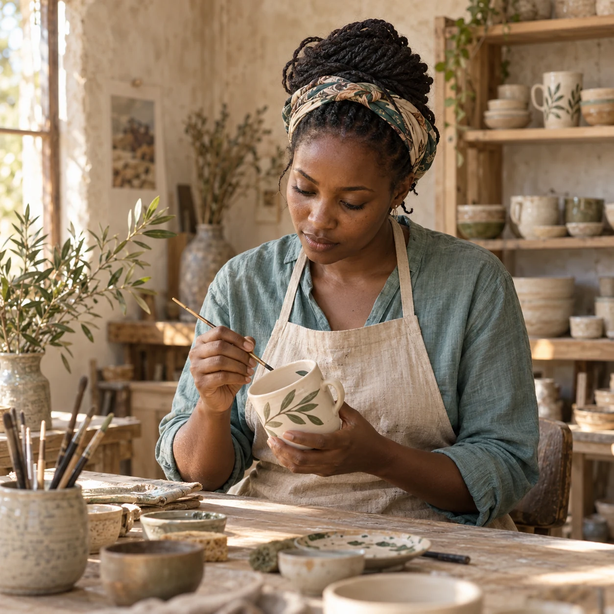 Illustrative photograph of a ceramic artist working in a sunlit studio